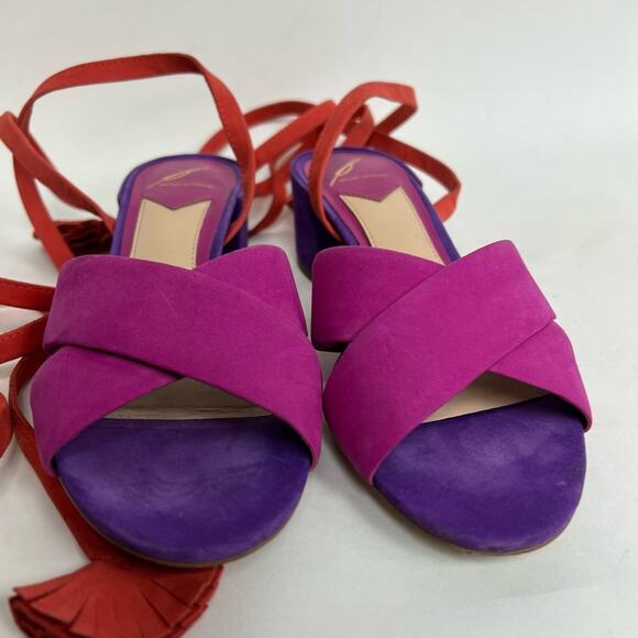 Brian Atwood Astor Colorblock Lace Up Sandals Pink Purple Suede Heels Size 7 - Picture 4 of 9